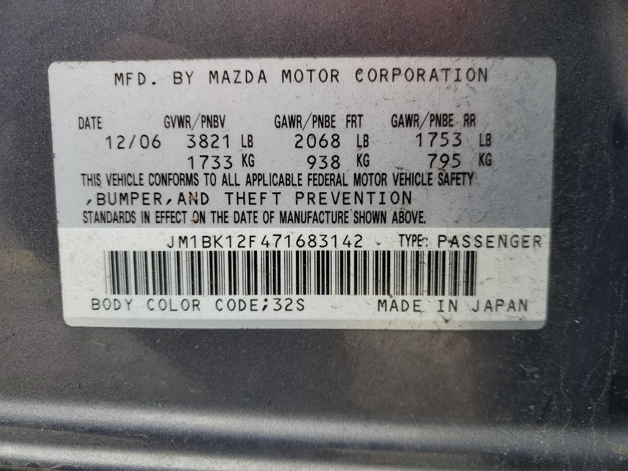 JM1BK12F471683142 2007 Mazda 3 I