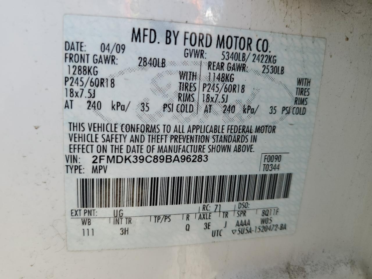 2FMDK39C89BA96283 2009 Ford Edge Limited