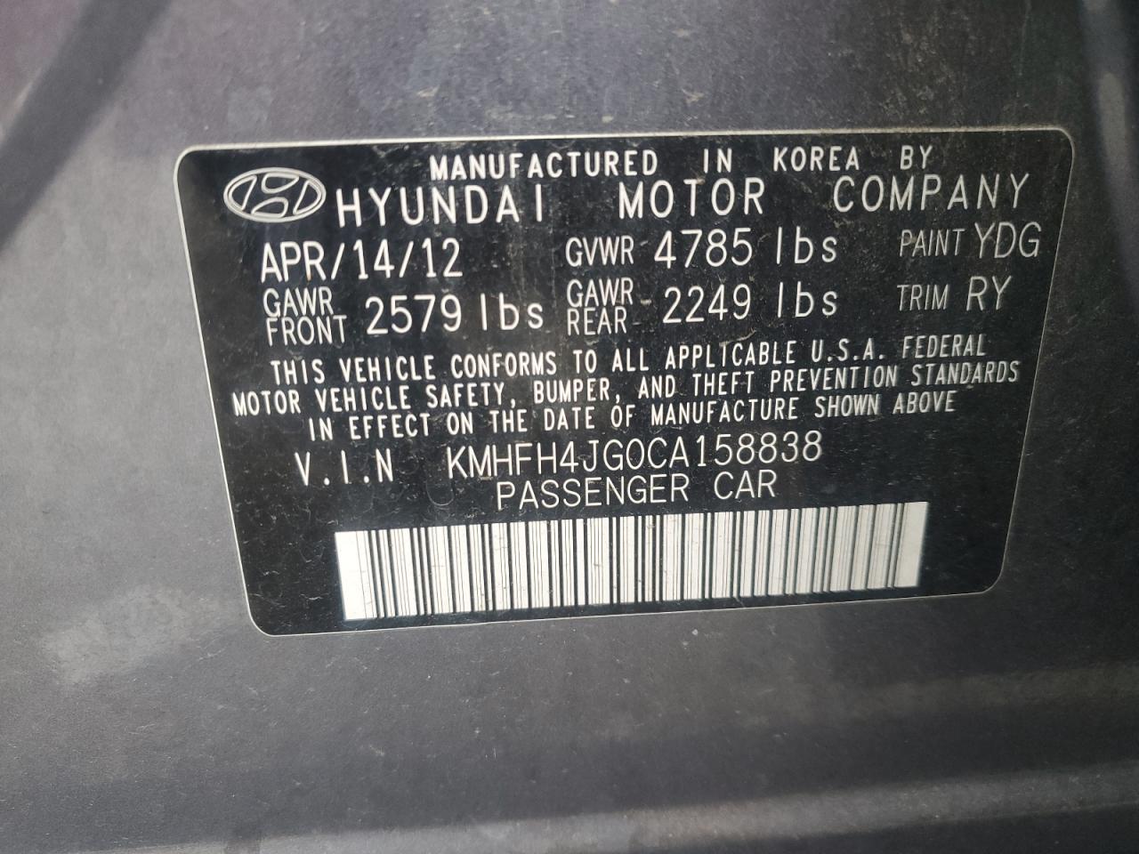 KMHFH4JG0CA158838 2012 Hyundai Azera Gls