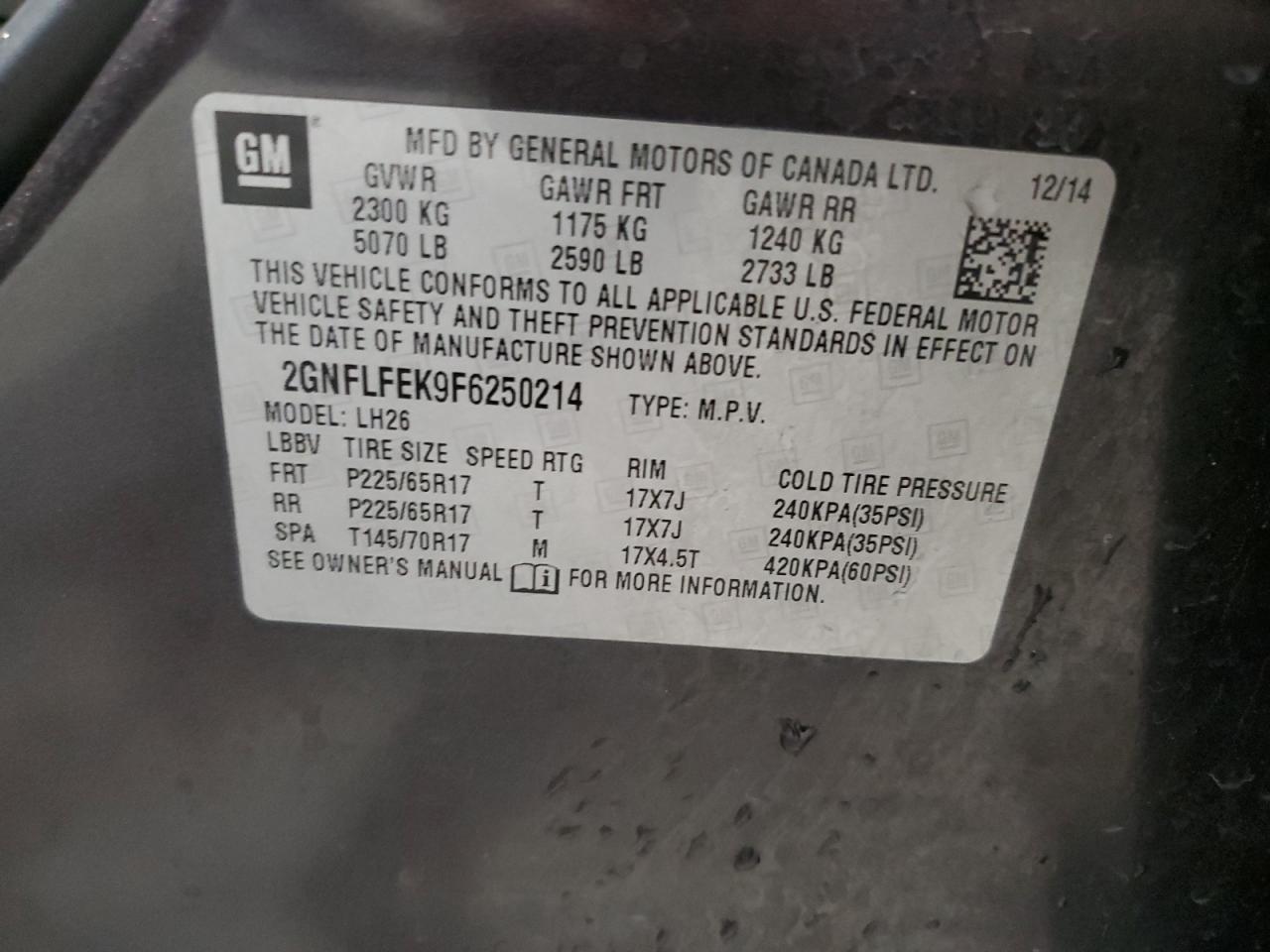 2GNFLFEK9F6250214 2015 Chevrolet Equinox Lt