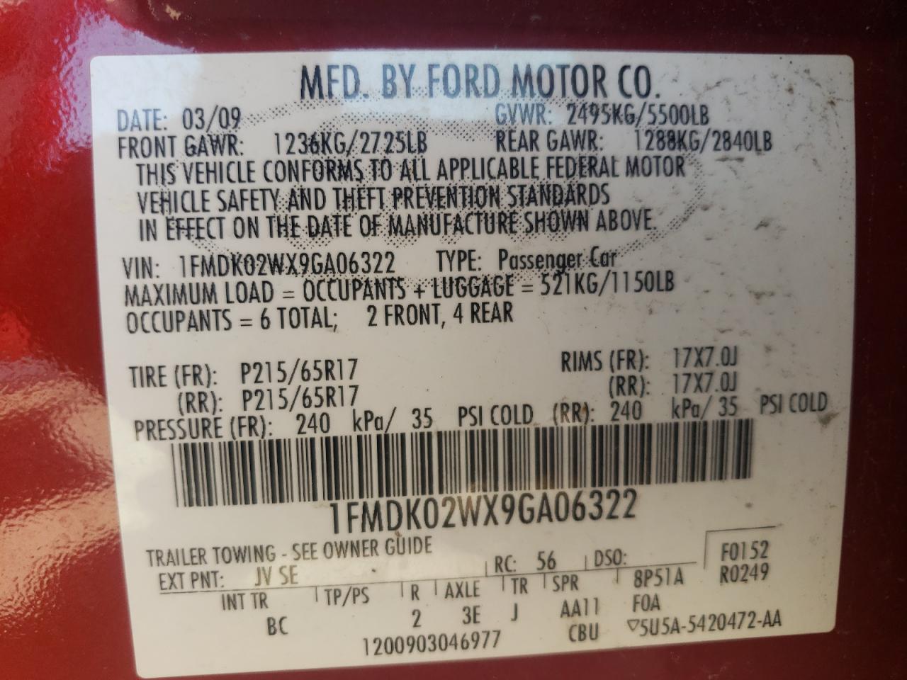 1FMDK02WX9GA06322 2009 Ford Taurus X Sel