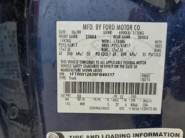 2009 Ford F150 Supercrew VIN: 1FTRW12839FB49317 Lot: 54179864