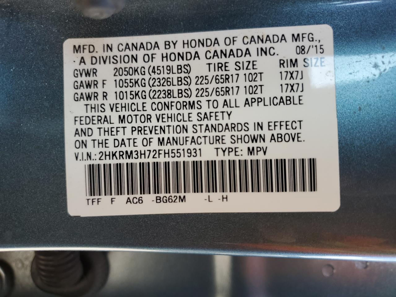 2HKRM3H72FH551931 2015 Honda Cr-V Exl