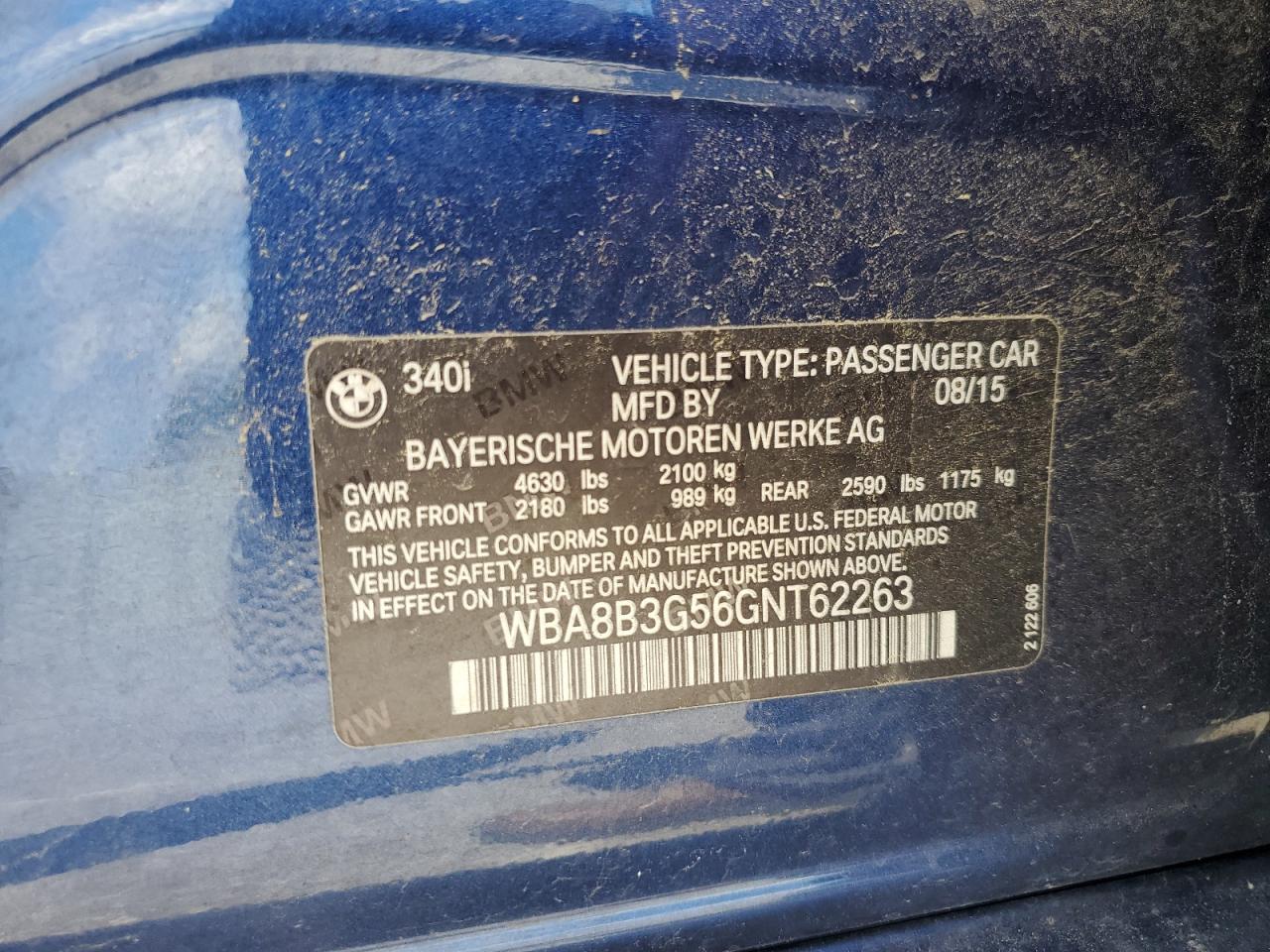 WBA8B3G56GNT62263 2016 BMW 340 I