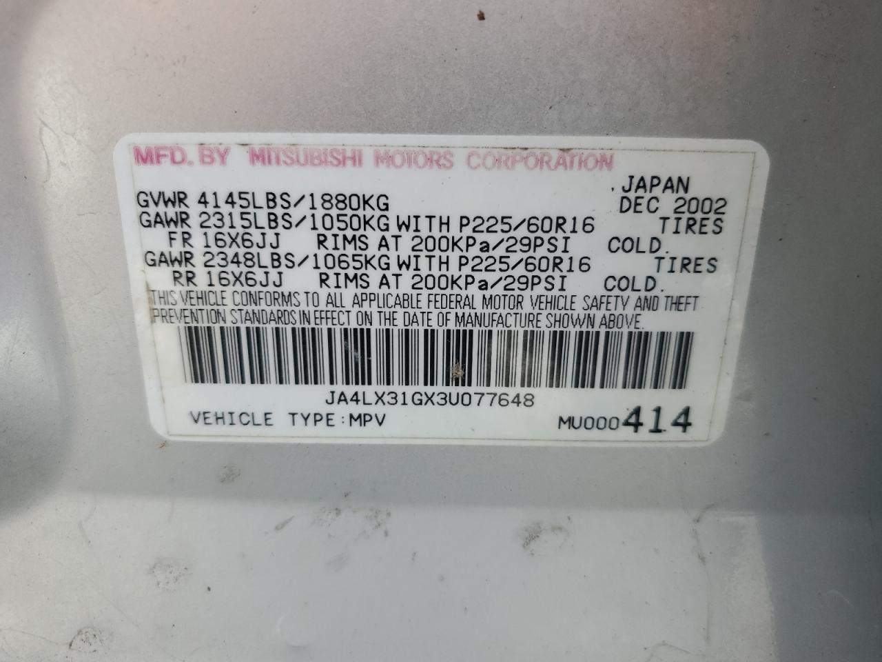 JA4LX31GX3U077648 2003 Mitsubishi Outlander Ls