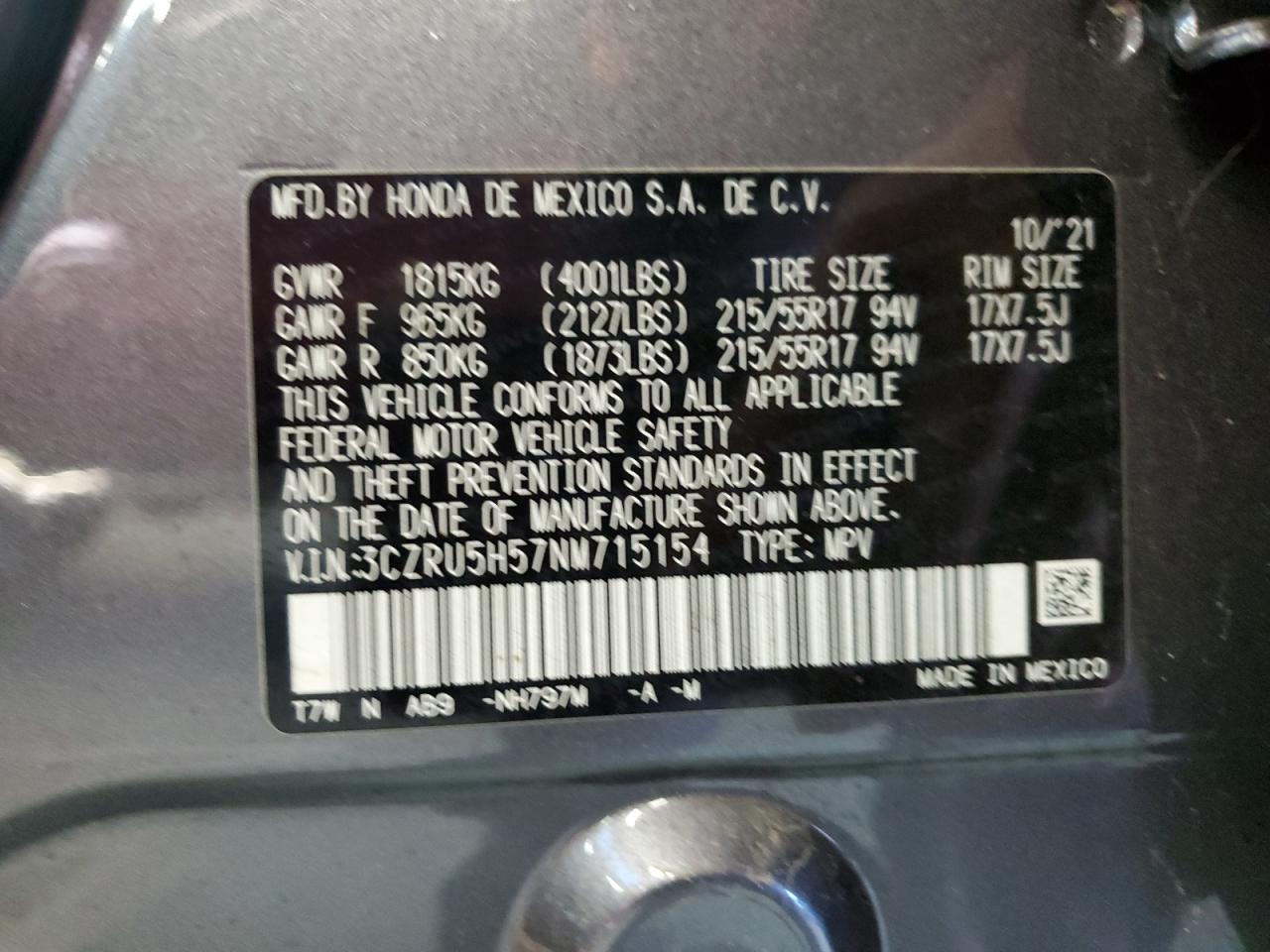 3CZRU5H57NM715154 2022 Honda Hr-V Ex