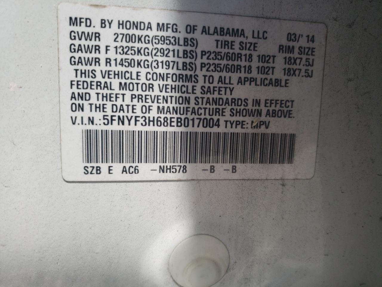 5FNYF3H68EB017004 2014 Honda Pilot Exl