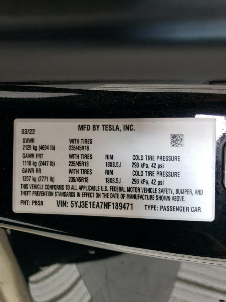 5YJ3E1EA7NF189471 2022 Tesla Model 3