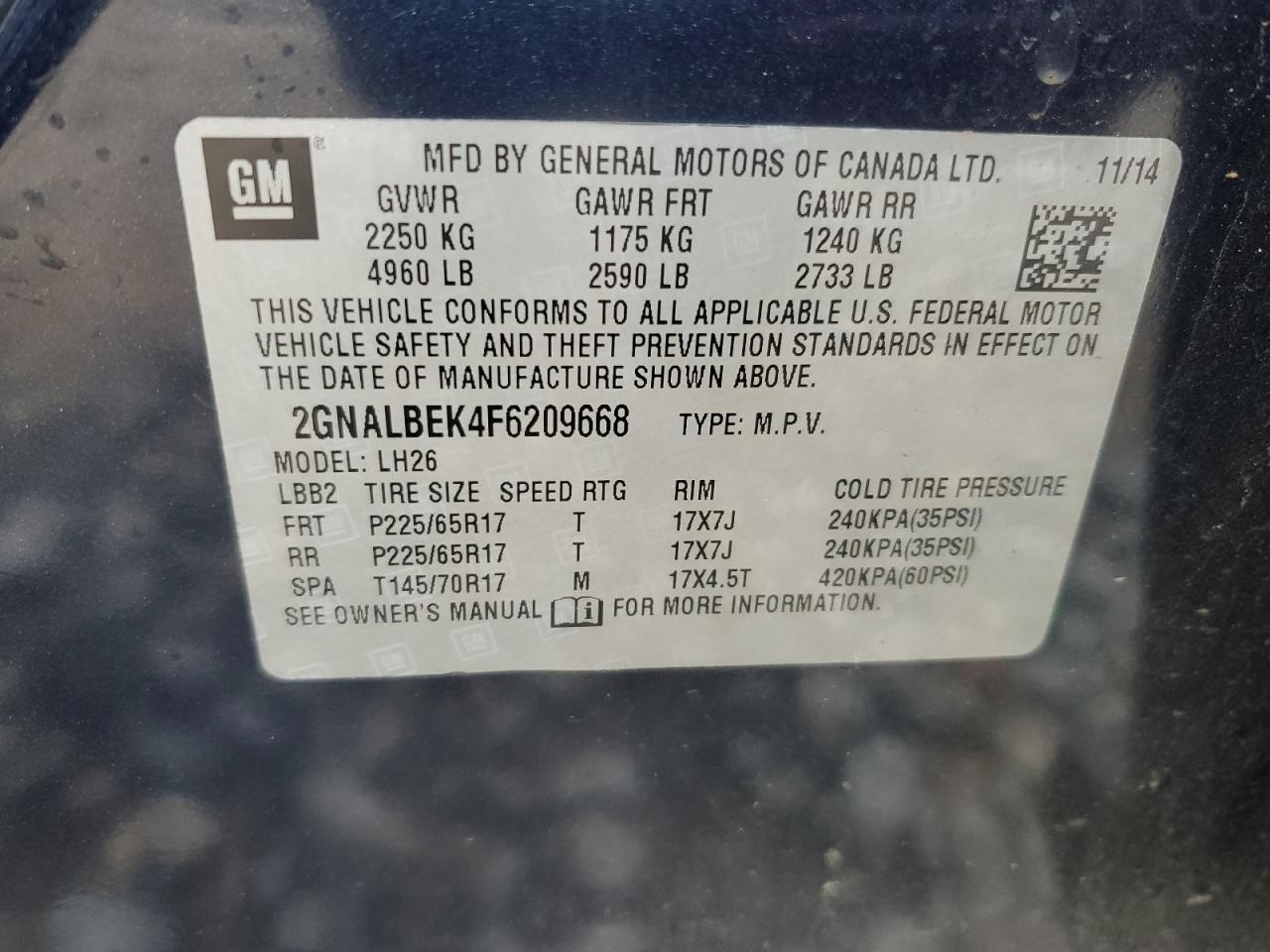 2GNALBEK4F6209668 2015 Chevrolet Equinox Lt