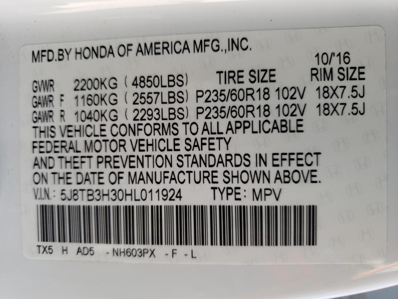 5J8TB3H30HL011924 2017 Acura Rdx