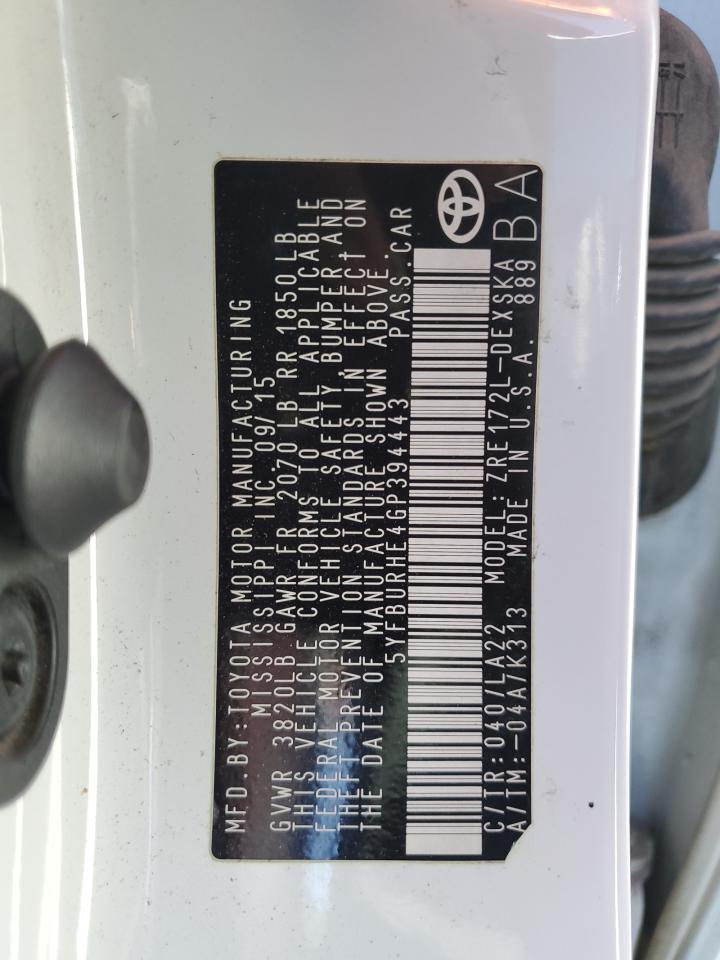 5YFBURHE4GP394443 2016 Toyota Corolla L