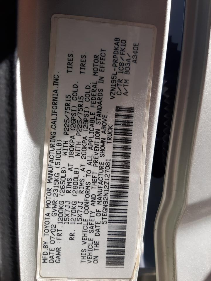 5TEGN92N12Z127081 2002 Toyota Tacoma Double Cab Prerunner