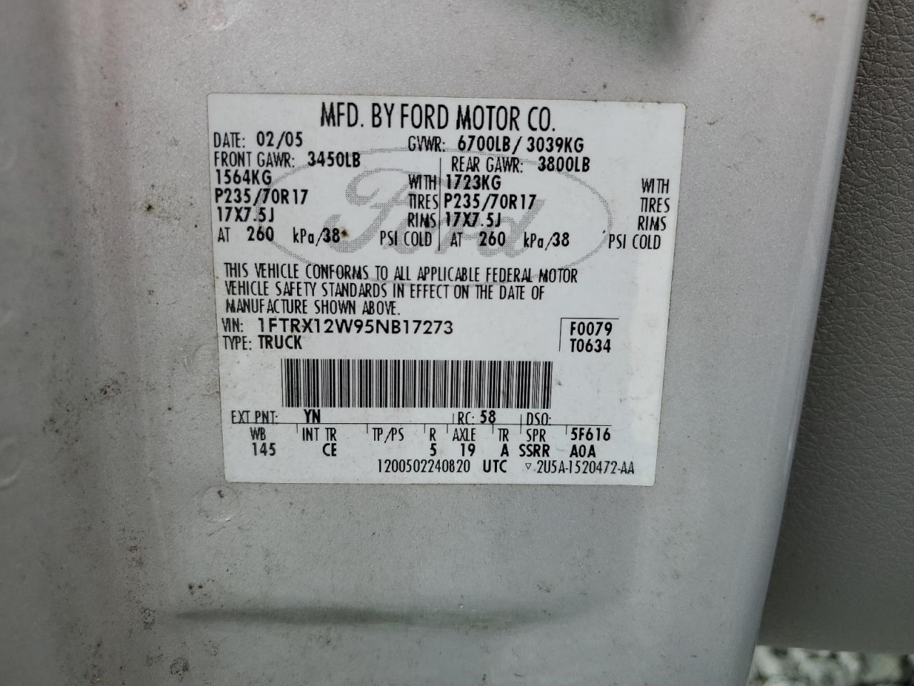 1FTRX12W95NB17273 2005 Ford F150