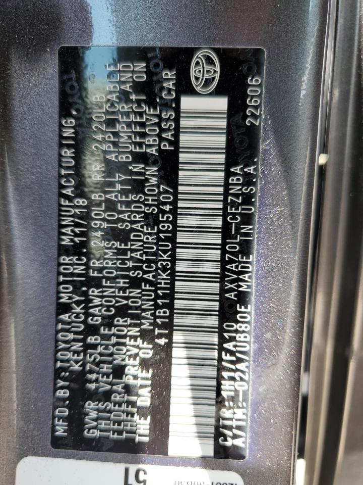 4T1B11HK3KU195407 2019 Toyota Camry L