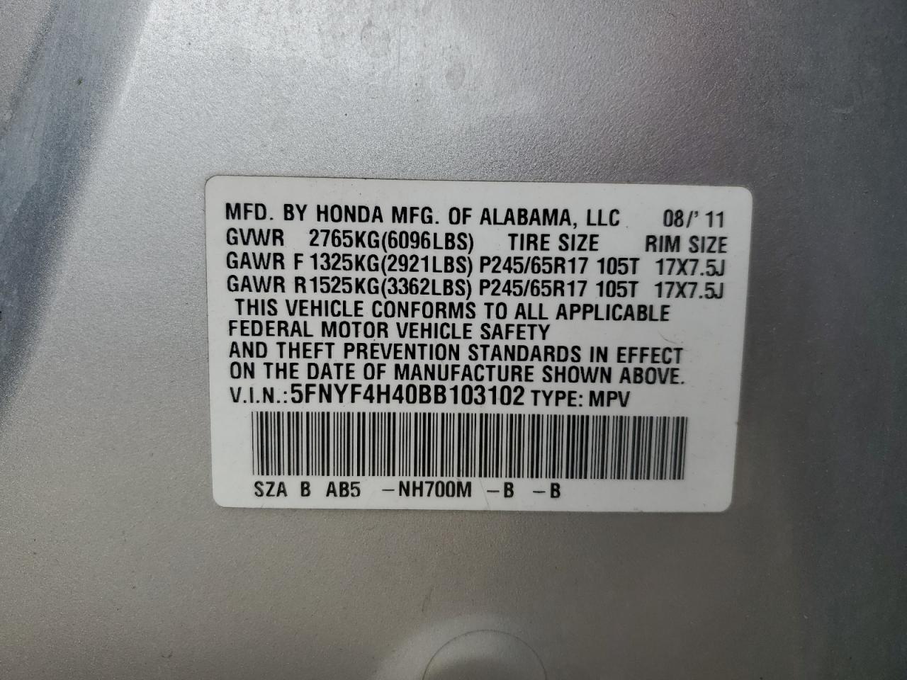 5FNYF4H40BB103102 2011 Honda Pilot Ex