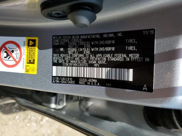 VIN 5TDKZRFH6KS369705 2019 Toyota Highlander, SE no.14