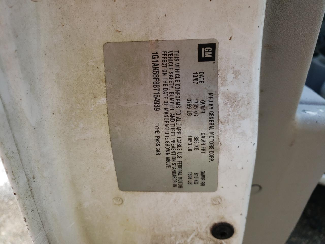 1G1AK58F887154939 2008 Chevrolet Cobalt Ls