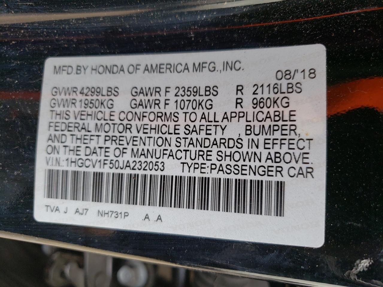 1HGCV1F50JA232053 2018 Honda Accord Exl