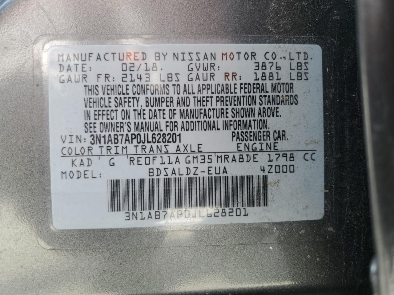 3N1AB7AP0JL628201 2018 Nissan Sentra S