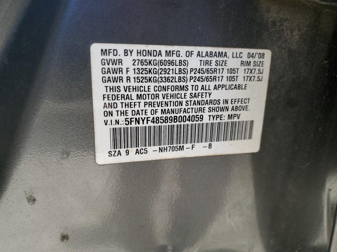 5FNYF48589B004059 2009 Honda Pilot Exl