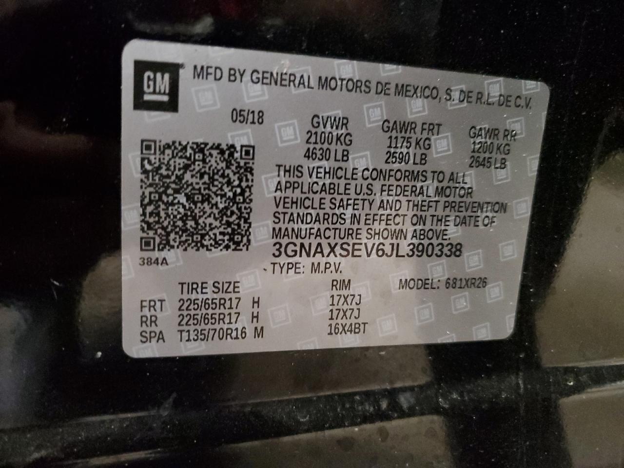 3GNAXSEV6JL390338 2018 Chevrolet Equinox Lt