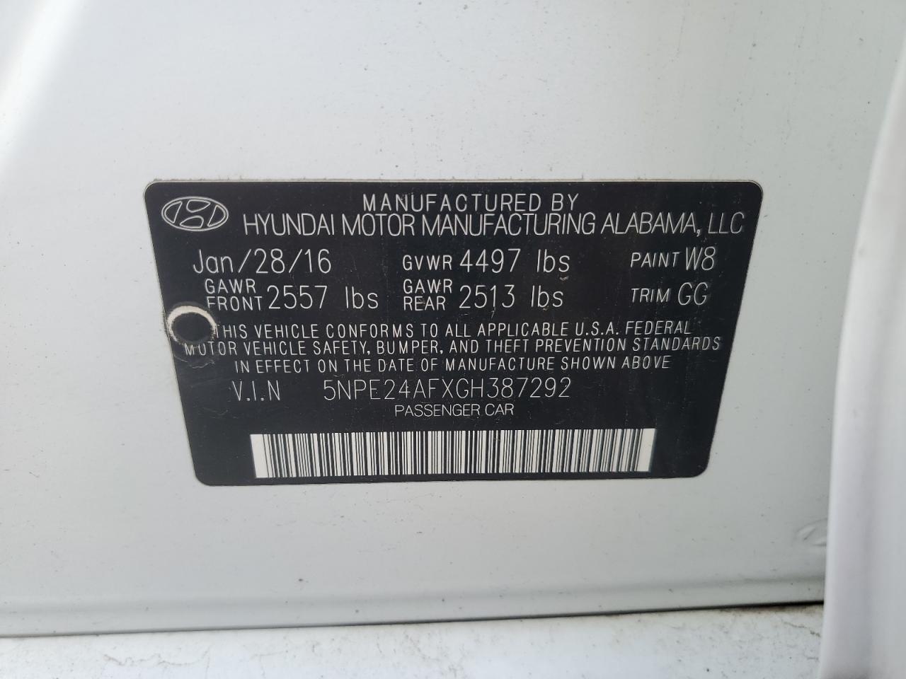 2016 Hyundai Sonata Se vin: 5NPE24AFXGH387292