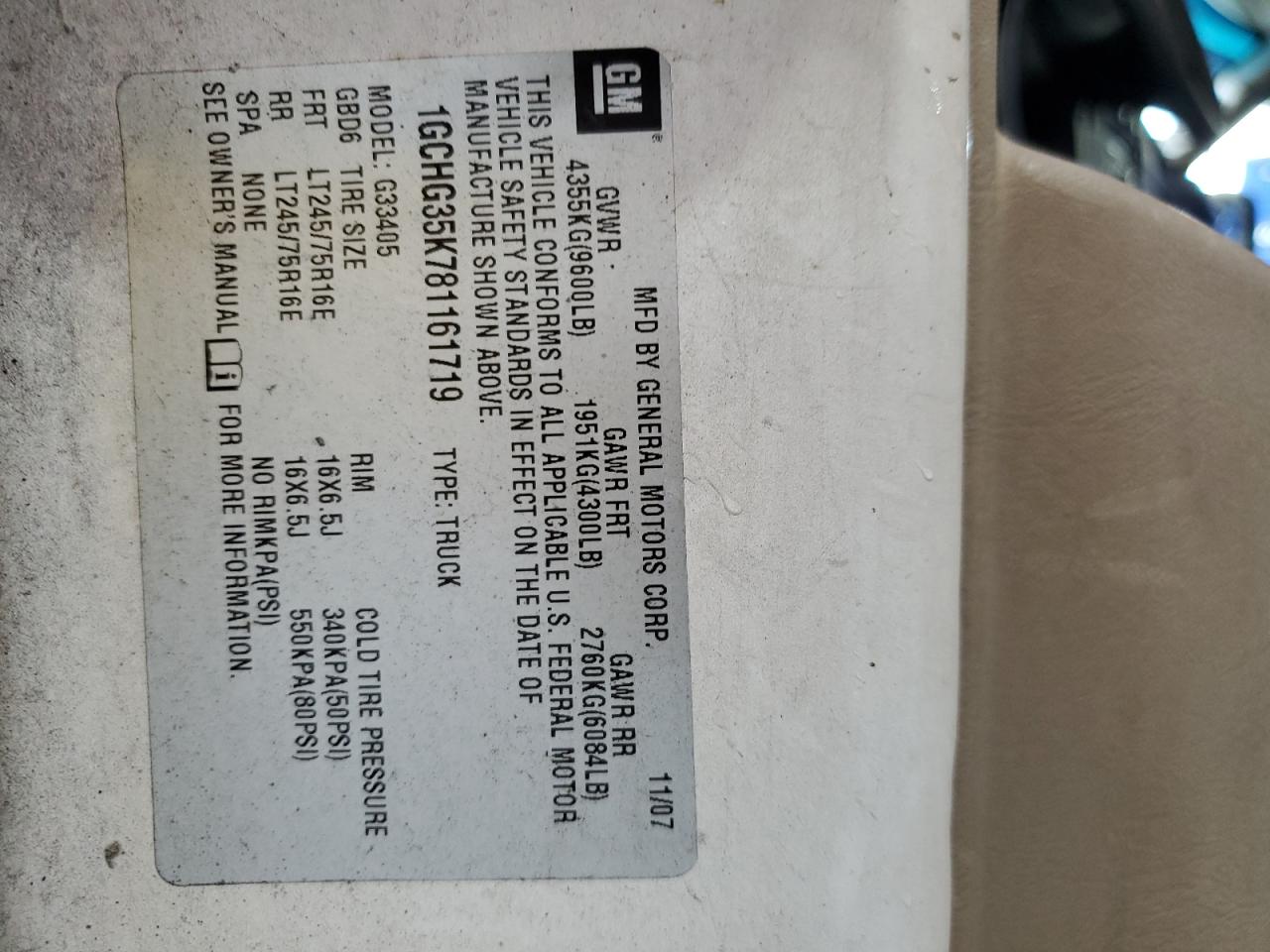 1GCHG35K781161719 2008 Chevrolet Express G3500