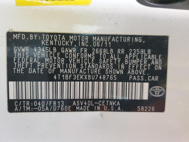 2011 Toyota Camry Base VIN: 4T1BF3EKXBU748765 Lot: 54087904