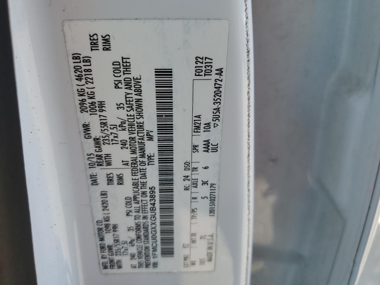 1FMCU0GXXGUB43895 2016 Ford Escape Se