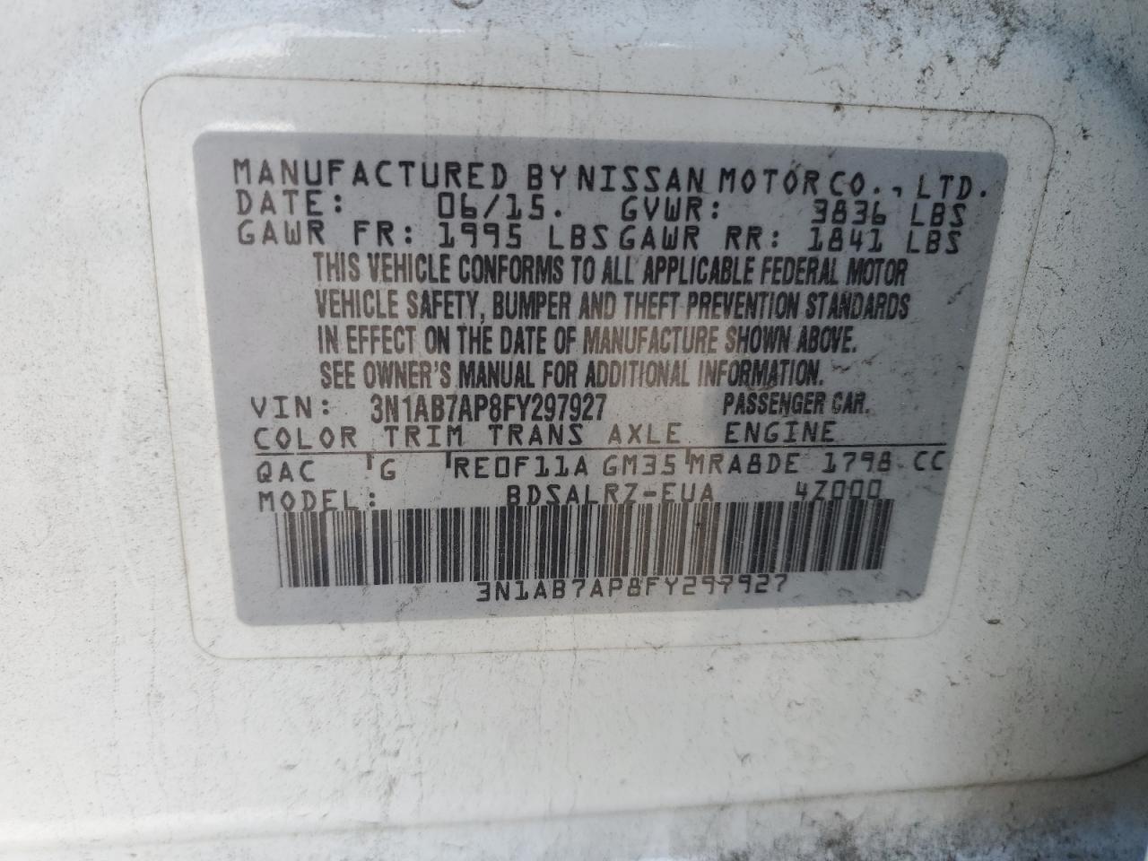 3N1AB7AP8FY297927 2015 Nissan Sentra S