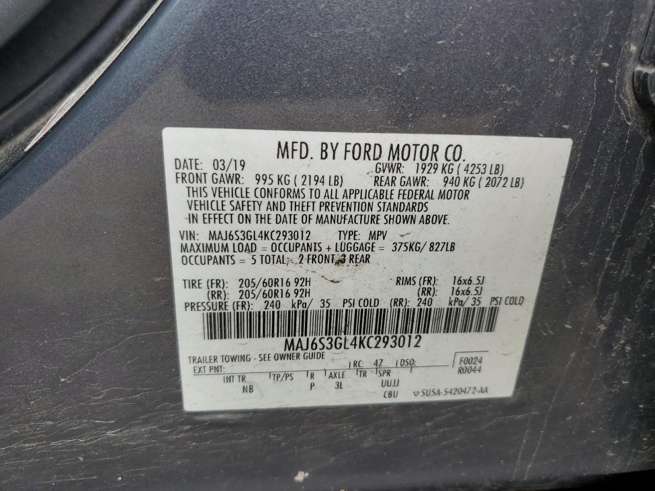 MAJ6S3GL4KC293012 2019 Ford Ecosport Se