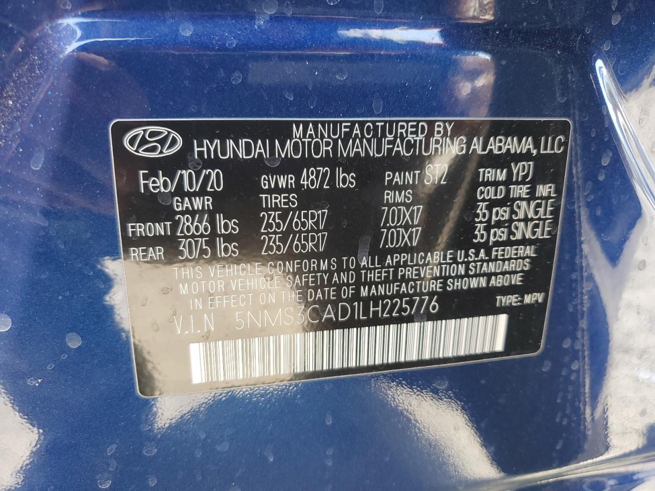 5NMS3CAD1LH225776 2020 Hyundai Santa Fe Sel