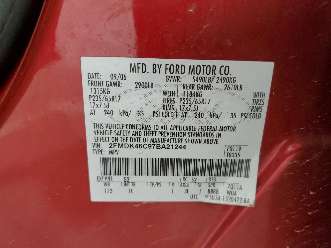 2FMDK46C97BA21244 2007 Ford Edge Se