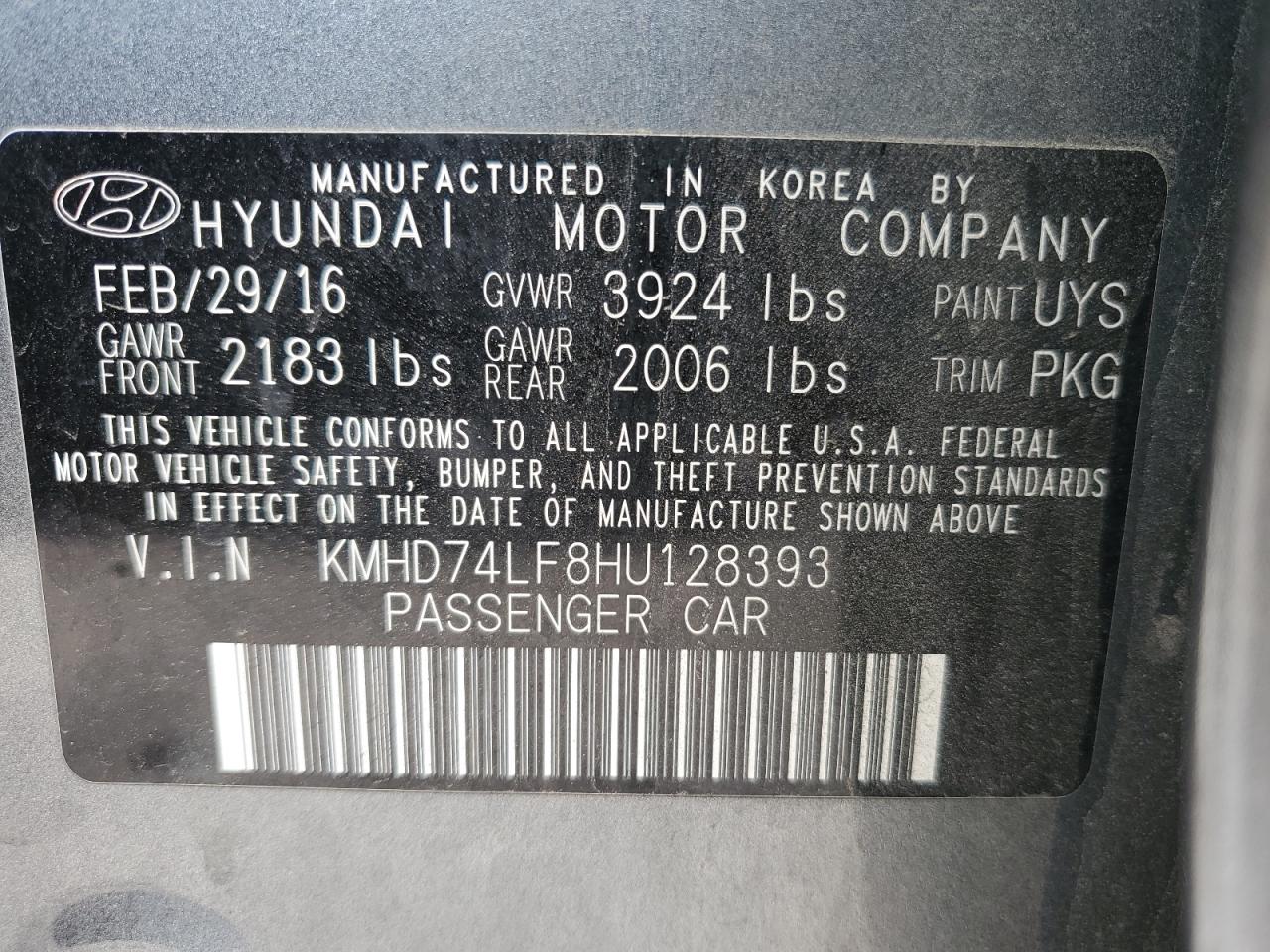 KMHD74LF8HU128393 2017 Hyundai Elantra Se