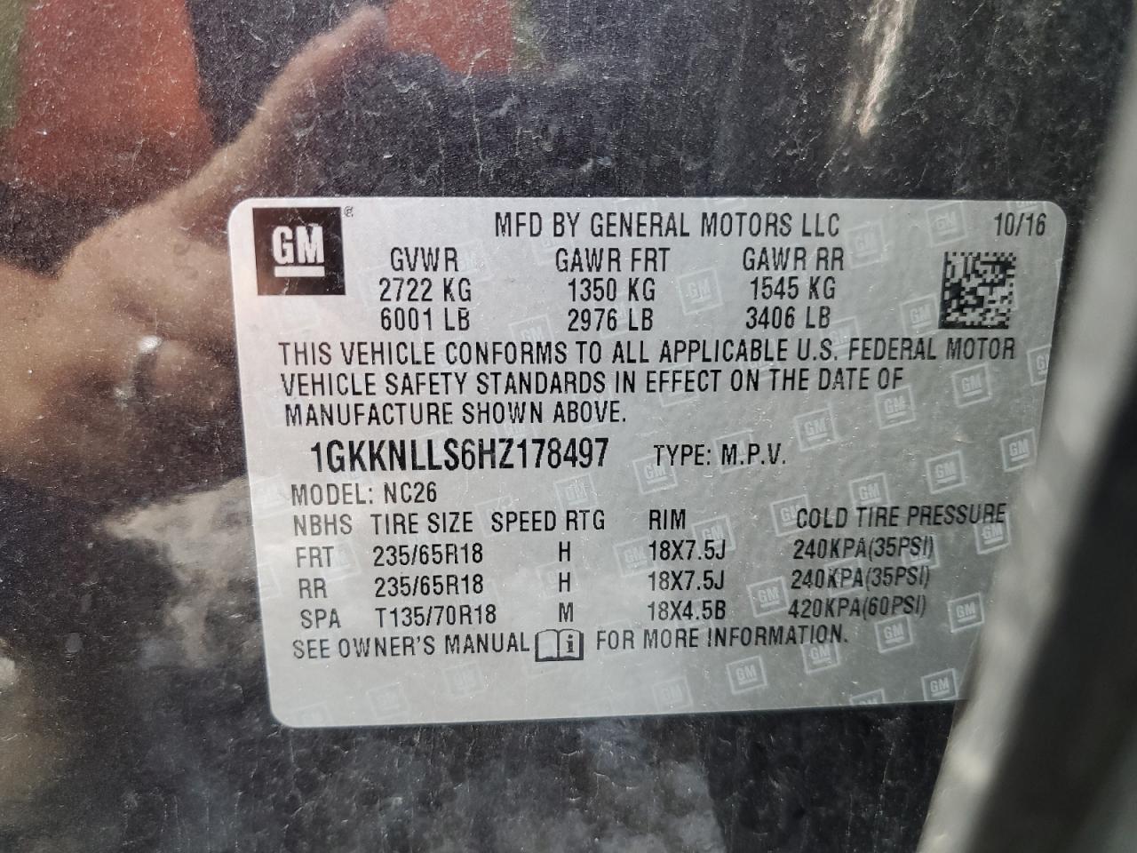 1GKKNLLS6HZ178497 2017 GMC Acadia Sle