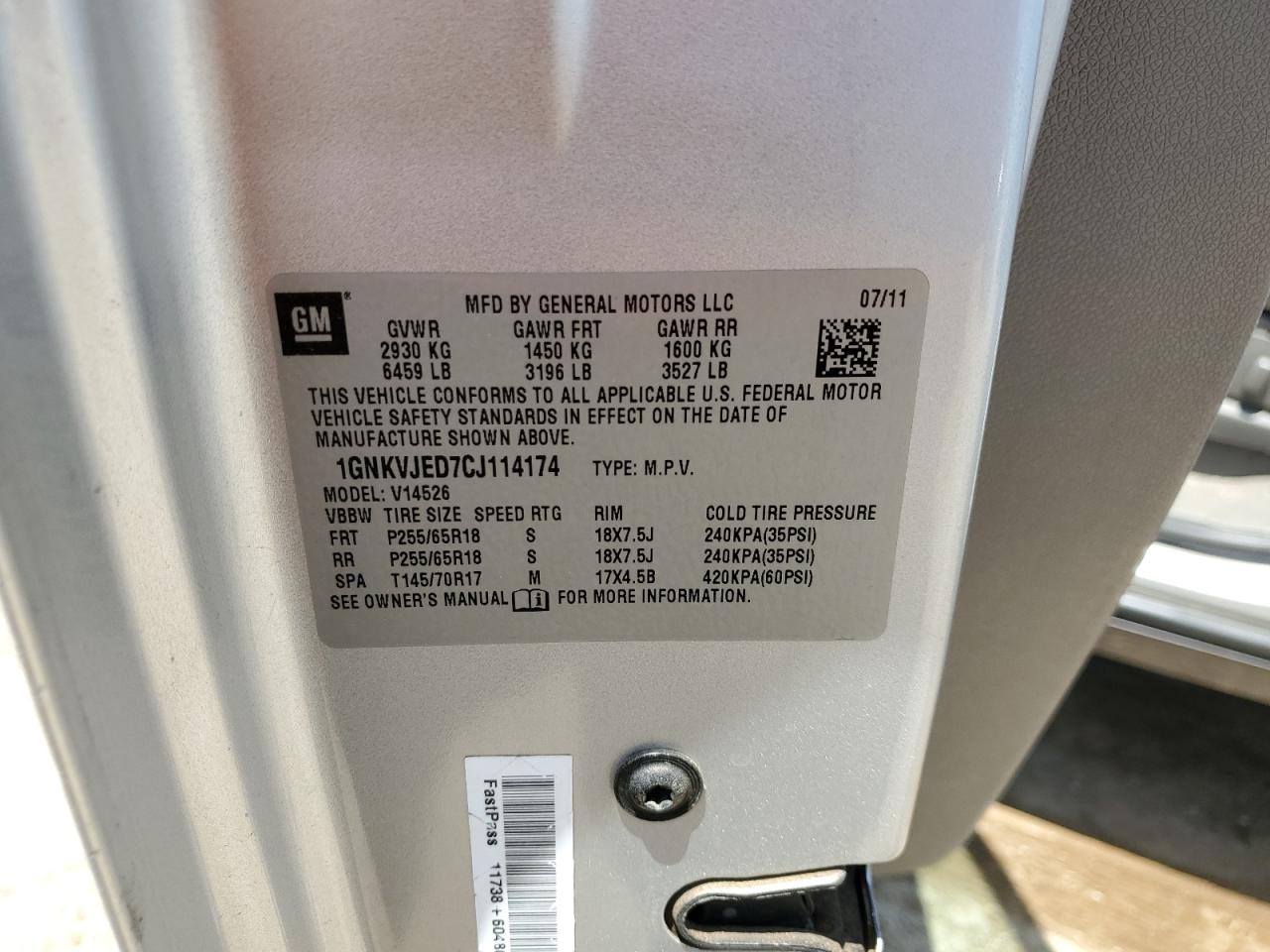 1GNKVJED7CJ114174 2012 Chevrolet Traverse Lt