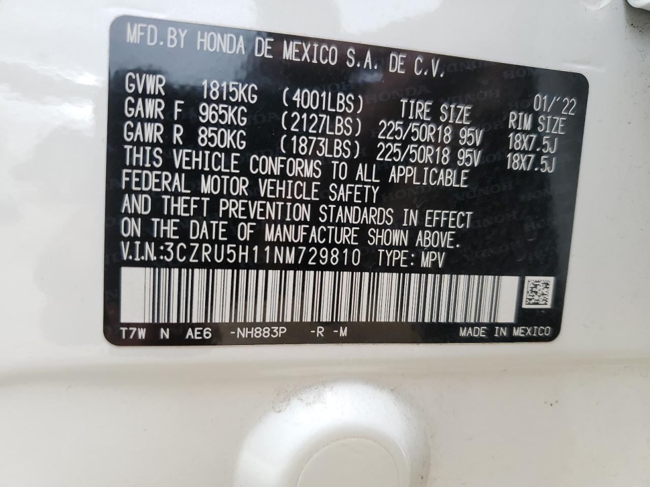 3CZRU5H11NM729810 2022 Honda Hr-V Sport