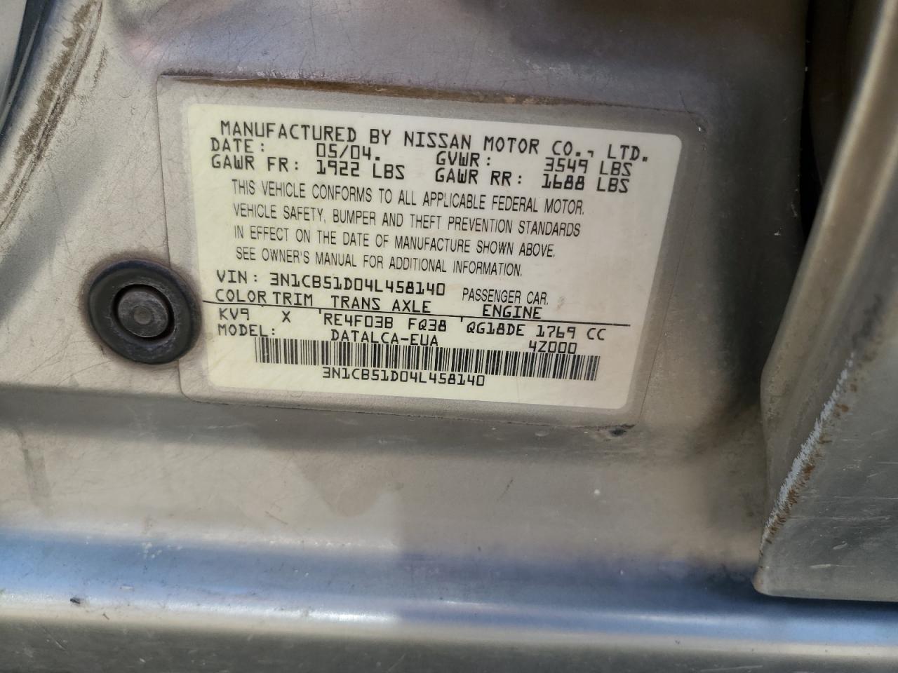 3N1CB51D04L458140 2004 Nissan Sentra 1.8