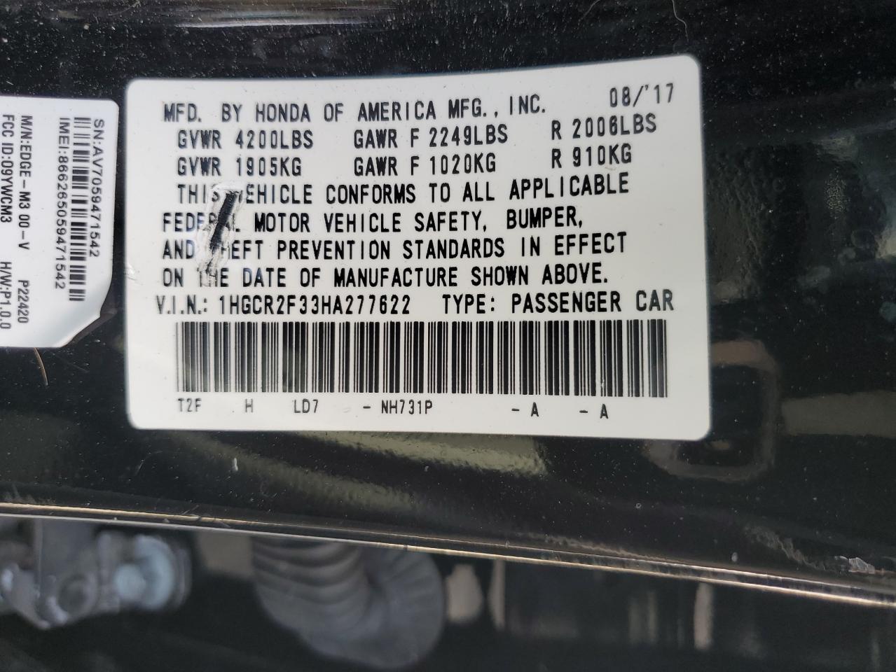 1HGCR2F33HA277622 2017 Honda Accord Lx