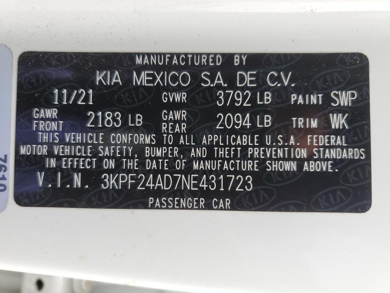 3KPF24AD7NE431723 2022 Kia Forte Fe