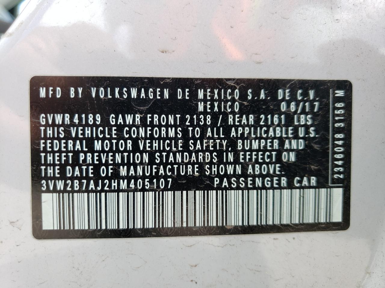 3VW2B7AJ2HM405107 2017 Volkswagen Jetta S