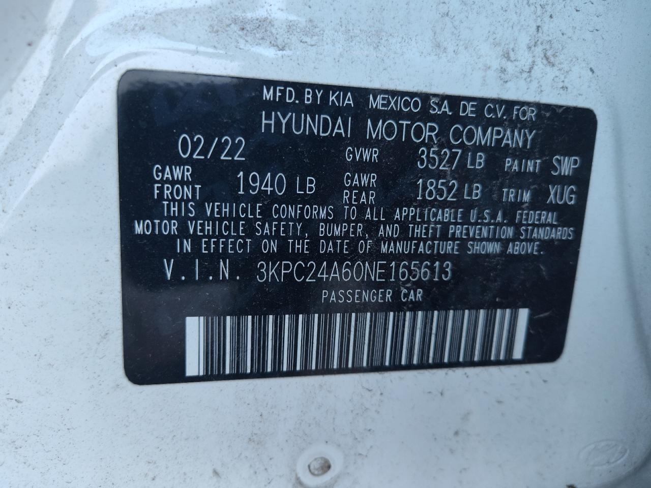 3KPC24A60NE165613 2022 Hyundai Accent Se