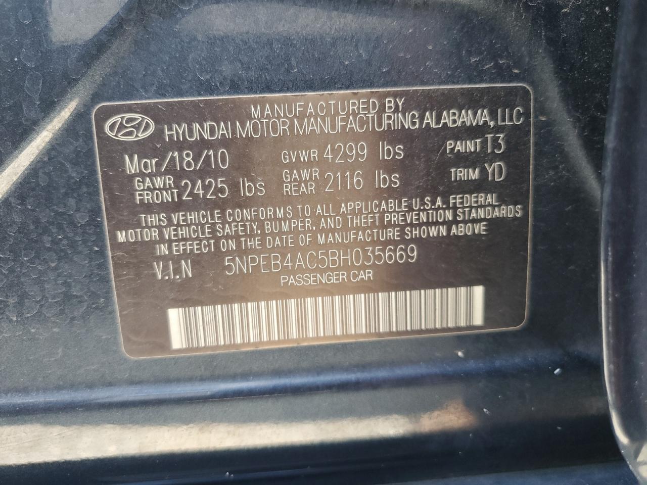 5NPEB4AC5BH035669 2011 Hyundai Sonata Gls