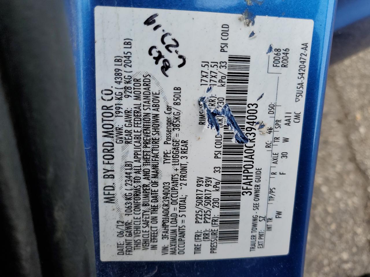 3FAHP0JA0CR394003 2012 Ford Fusion Sel