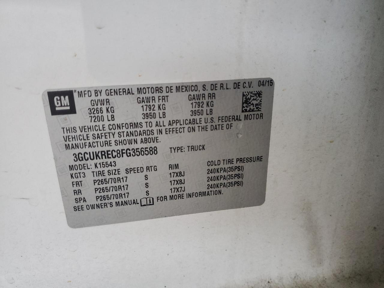 3GCUKREC8FG356588 2015 Chevrolet Silverado K1500 Lt