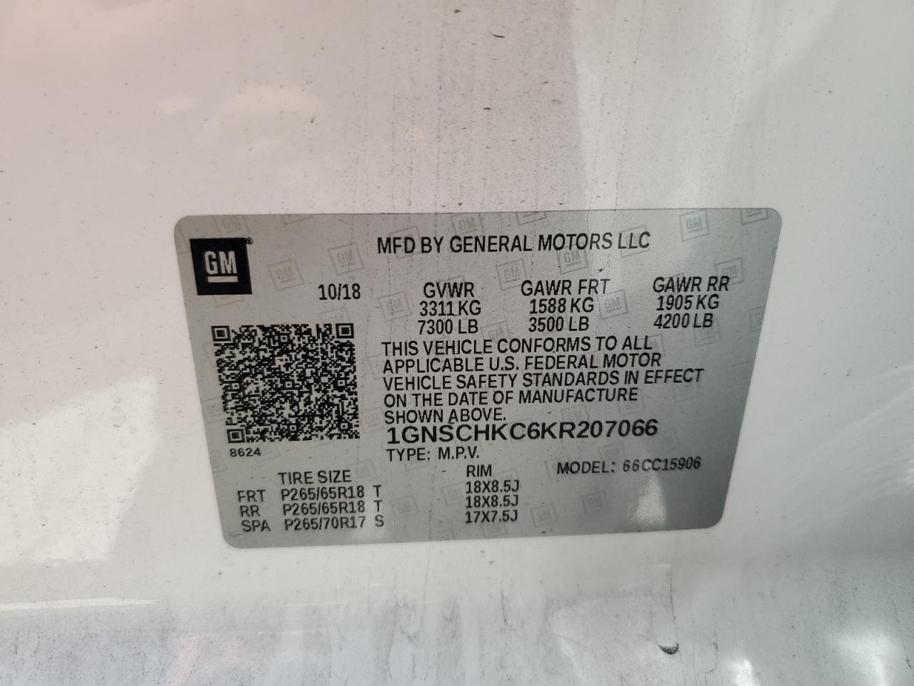 1GNSCHKC6KR207066 2019 Chevrolet Suburban C1500 Lt