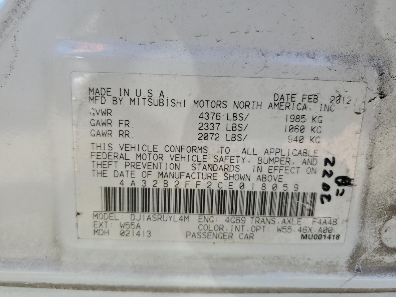 4A32B2FF2CE018059 2012 Mitsubishi Galant Fe