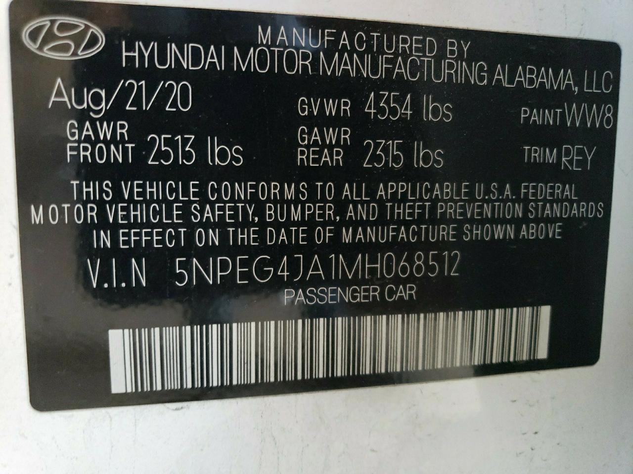 5NPEG4JA1MH068512 2021 Hyundai Sonata Se