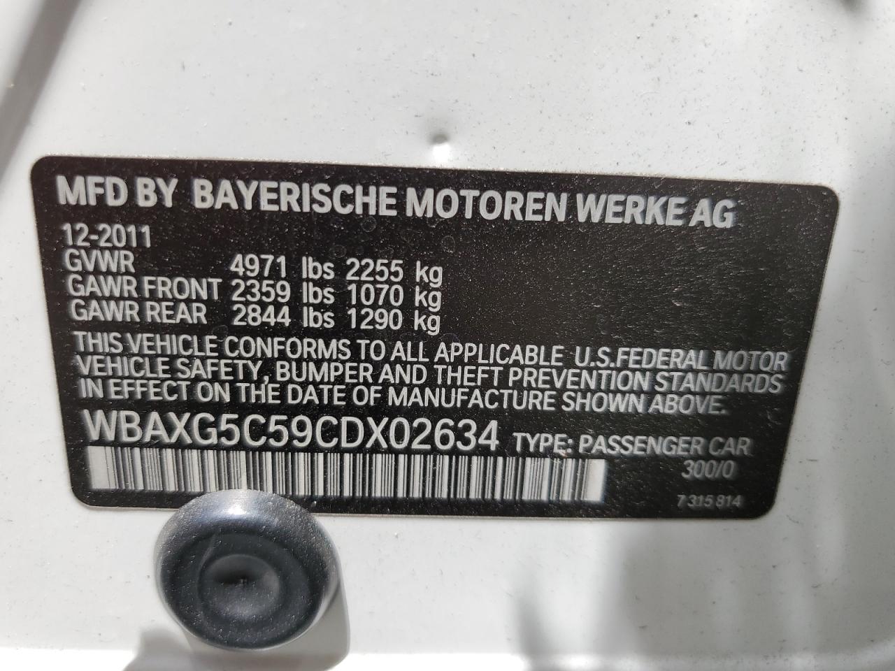 WBAXG5C59CDX02634 2012 BMW 528 I