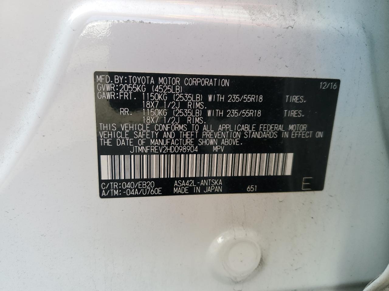 JTMNFREV2HD098904 2017 Toyota Rav4 Se